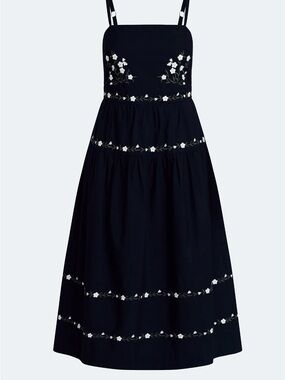 Dark navy Embroidered Floral Midi Sundress with Adjustable Straps